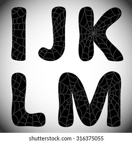 Halloween alphabet. Black letters i, j, k, l, m with spider web on them.