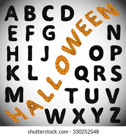 Halloween alphabet. Black letters with spider web on them. Can be used for stickers, labels.