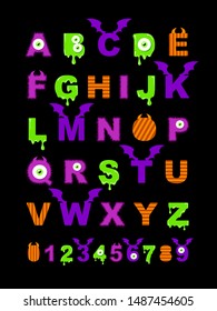 Halloween alphabet with green eye, slime, monster, bat wings. Creative poster. Vector illustration