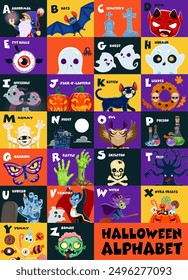 Alfabeto de Halloween, abc de vacaciones, tipo de niños. Letras en mayúsculas de Vector con divertidos personajes de dibujos animados de monstruos espeluznantes. Zombi, fantasmas, bruja, mago y gato negro. Búho, diablo, murciélago Latina tipografía de miedo