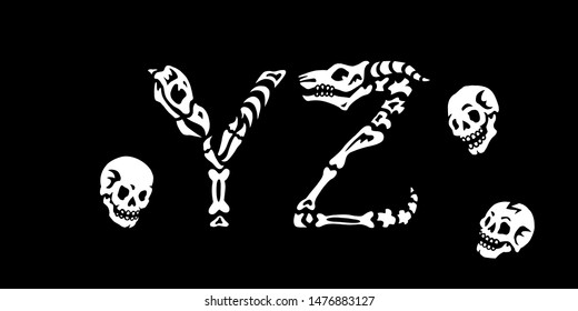 Halloween alphabet. The letters Y, Z, is made of skulls and bones. Gothic font. Halloween style letter. Perfect for greeting cards, posters, logos, tattoos and more.