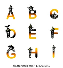 Halloween alphabets. ABC letters. Abcdefghi collection. Spooky boo haunted house. Evening sky gradient characters.  Glitter stars, ghost, cat, skull and bat. Holidays vector. Story book illustration.