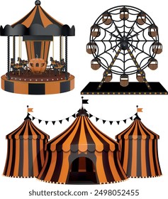 Elementos del parque de atracciones de Halloween. carrusel aislado, circo y noria con rayas negras y naranjas