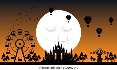 Halloween amusement park vector illustration. attractions, trees, hot air ballons and bats inder spooky ghost moon