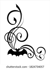 Halloween Winkelrand mit Fledermaussilhouette und wirbelndem Muster. Schwarze dekorative Vektorgrafik auf weißem Hintergrund
