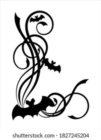 Halloween angle border with bat silhouettes and swirl pattern. Black decorative vector illustration on white background