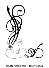 Halloween angle border with witch hat and swirl pattern. Black decorative vector illustration on white background