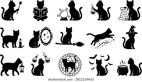 Halloween Angry Black Cat Bundle Black Fill Vector Clipart Collection with Spooky Cat Elements