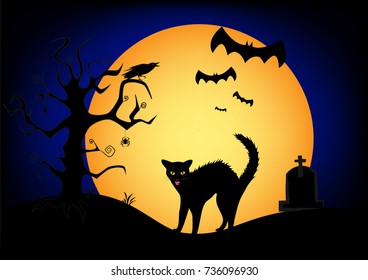 halloween angry black cat on the big yellow moon and dark blue sky background, horizontal