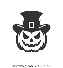 Halloween angry carved pumpkin jack o lantern icon black monochrome silhouette vector flat illustration. Creepy ghost horror monster in sorcerer hat with evil smile face autumn holiday symbol