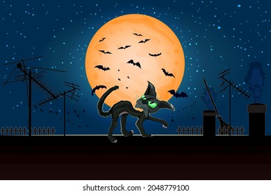 Halloween Angry Cat On Roof In Full Moon.Black Cat On House Roof With Moonlight And Starry Night.Spooky Black Cat Silhouette On Night Roof With Antennas And Bats On Moon Background.Vector Illustration