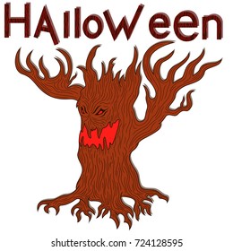 Halloween angry evil twisted tree with branches as a hands, cartoon vector design elements in red and brown colors