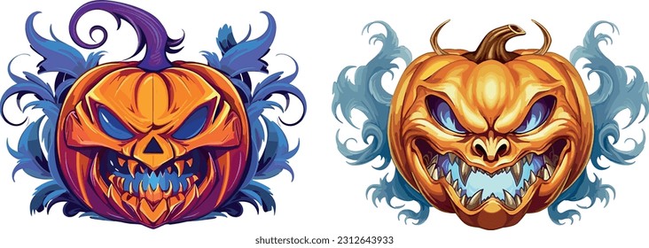 Halloween Angry Pumpkin Heads Pack, Digital Vector Artwork on a Transparent Background