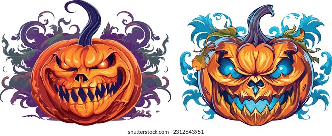 Halloween Angry Pumpkin Heads Pack, Digital Vector Artwork on a Transparent Background