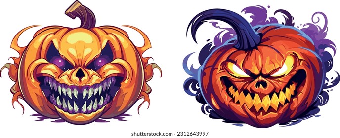 Halloween Angry Pumpkin Heads Pack, Digital Vector Artwork on a Transparent Background