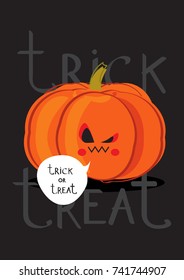 Halloween angry pumpkin saying treat or treat card gray background