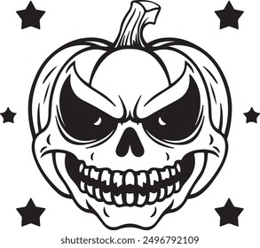 Halloween Angry Pumpkin Skull Shape Silhouette Vector,