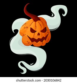 Halloween angry pumpkin. Vector illustration isolated on black background. Blue fog behind the pumpkin. Festive print.