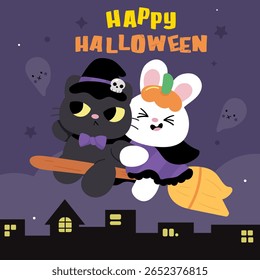 Bruxa de gato animal de Halloween e coelho menina no fundo da noite de vassoura (gatinho jogando) Kawaii Animais. Série: outono atividades Temporada de Spooky. Ilustração perfeita para design de camisas infantis