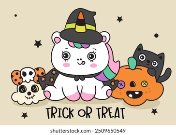 Halloween animal with unicorn black cat kitten playing skull and pumpkin jack o lantern. Series: kawaii cartoon (trick or treaters) drawing Kids party holiday festival. Background banner.