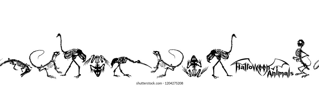 Halloween animals - black skeletons of reptiles (crocodiles, lizards, frogs), monkeys and birds (ostriches and herons) on white background. Narrow seamless pattern. Black and white vector illustration