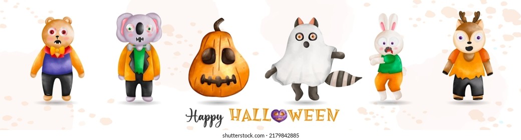 Halloween animals compositions illustration. Bear, elephant, pumpkin, racoon, rabbit, deer Halloween
