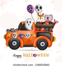 Halloween animals compositions illustration. Deer and elephant Halloween on car and friends
