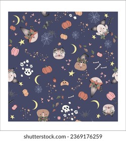 Halloween Animals Repeat Print Moon Spiders Foliage