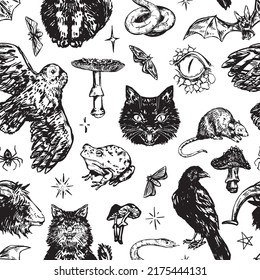 Halloween animals seamless pattern. Ornament of realistic sketches of wild animals, mushrooms, insects. Vector illustration in retro engraving style