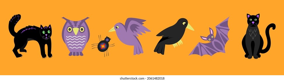 Halloween animals set. Black cats, bat, owl, spider, crows. Vector illustration, banner, elements set.
