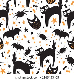 Halloween Animals Vector Seamless Pattern White Background