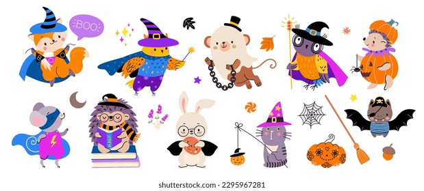 Halloween animals wear costumes  Pets holiday  adorable magic wild characters  Fantasy baby animal  wizard cute creatures nowaday vector clipart
