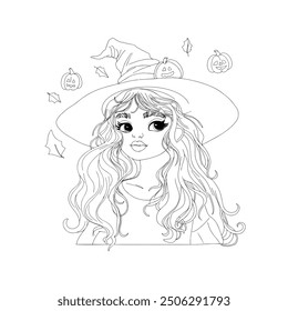 Halloween anime witch. Halloween Party. Hand drawn retro anime girl with white hair.  Vector illustration. Colouring page