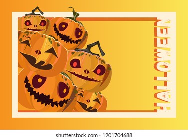 Halloween announcement design. Carved pumpkins in frame on yellow background. Template can be used for flyers, banners, invitations