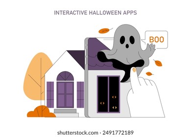 Concepto de App de Halloween. Fantasma amistoso que sale de una tableta digital cerca de una casa embrujada, hojas de otoño arremolinándose. Ilustración vectorial.