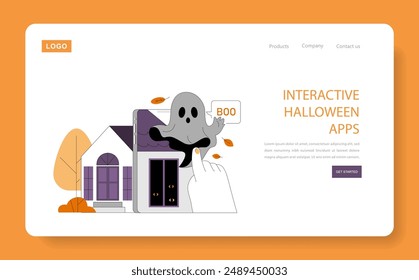 Concepto de App de Halloween. Fantasma emergiendo de un smartphone, invitando a los usuarios a la diversión interactiva del susto. Las espeluznantes festividades digitales cobran vida. Ilustración vectorial.