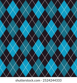 Halloween argyle checker teal blue vector pattern. Classic dashed diamonds check in blue and black seamless pattern for a Halloween party costume.