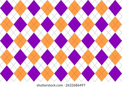 Halloween argyle pattern with orange, purple, and white diamonds. Clean and cheerful look, perfect for kids’ party decorations, digital papers, or playful seasonal fabric designs.
