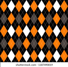 Halloween Argyle plaid. Scottish pattern in orange, black, gray and white rhombuses. Scottish cage. Traditional Scottish background of diamonds . Seamless fabric texture. Vector illustration Halloween Argyle plaid. Scottish pattern in orange, black, gray and white rhombuses. Scottish cage. Traditional Scottish background of diamonds . Seamless fabric texture. Vector illustration