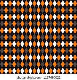 Halloween Argyle plaid. Scottish pattern in orange, black, gray and white  rhombuses. Scottish cage. Traditional Scottish background of diamonds . Seamless fabric texture. Vector illustration
