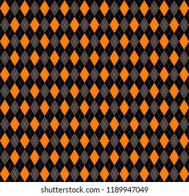Halloween Argyle plaid. Scottish pattern in orange, black, gray and white  rhombuses. Scottish cage. Traditional Scottish background of diamonds . Seamless fabric texture. Vector illustration