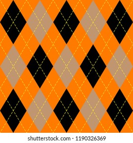 Halloween Argyle plaid. Scottish pattern in orange, black, beige and yellow  rhombuses. Scottish cage. Traditional Scottish background of diamonds . Seamless fabric texture. Vector illustration