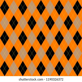 Halloween Argyle plaid. Scottish pattern in orange, black, beige and yellow  rhombuses. Scottish cage. Traditional Scottish background of diamonds . Seamless fabric texture. Vector illustration