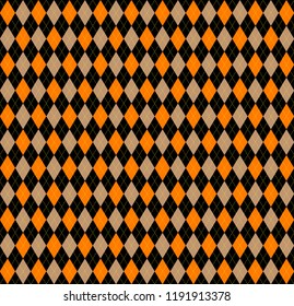 Halloween Argyle plaid. Scottish pattern in orange, black, beige and yellow  rhombuses. Scottish cage. Traditional Scottish background of diamonds . Seamless fabric texture. Vector illustration