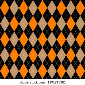 Halloween Argyle plaid. Scottish pattern in orange, black, beige and yellow  rhombuses. Scottish cage. Traditional Scottish background of diamonds . Seamless fabric texture. Vector illustration