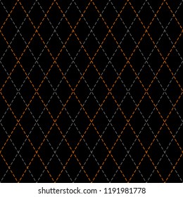 Halloween Argyle plaid. Scottish pattern in orange, black and grey rhombuses. Scottish cage. Traditional Scottish background of diamonds . Seamless fabric texture. Vector illustration