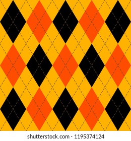Halloween Argyle plaid. Scottish pattern in orange, black and yellow rhombuses. Scottish cage. Traditional Scottish background of diamonds . Seamless fabric texture. Vector illustration