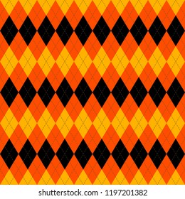 Halloween Argyle plaid. Scottish pattern in orange, black and yellow rhombuses. Scottish cage. Traditional Scottish background of diamonds . Seamless fabric texture. Vector illustration