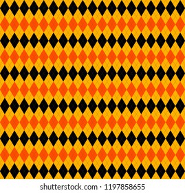 Halloween Argyle plaid. Scottish pattern in orange, black and yellow rhombuses. Scottish cage. Traditional Scottish background of diamonds . Seamless fabric texture. Vector illustration