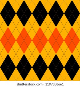 Halloween Argyle plaid. Scottish pattern in orange, black and yellow rhombuses. Scottish cage. Traditional Scottish background of diamonds . Seamless fabric texture. Vector illustration